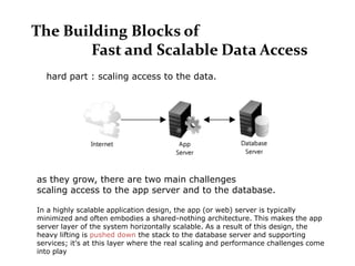 The Building Blocks of
        Fast and Scalable Data Access
  hard part : scaling access to the data.




as they grow, there are two main challenges
scaling access to the app server and to the database.

In a highly scalable application design, the app (or web) server is typically
minimized and often embodies a shared-nothing architecture. This makes the app
server layer of the system horizontally scalable. As a result of this design, the
heavy lifting is pushed down the stack to the database server and supporting
services; it's at this layer where the real scaling and performance challenges come
into play
 