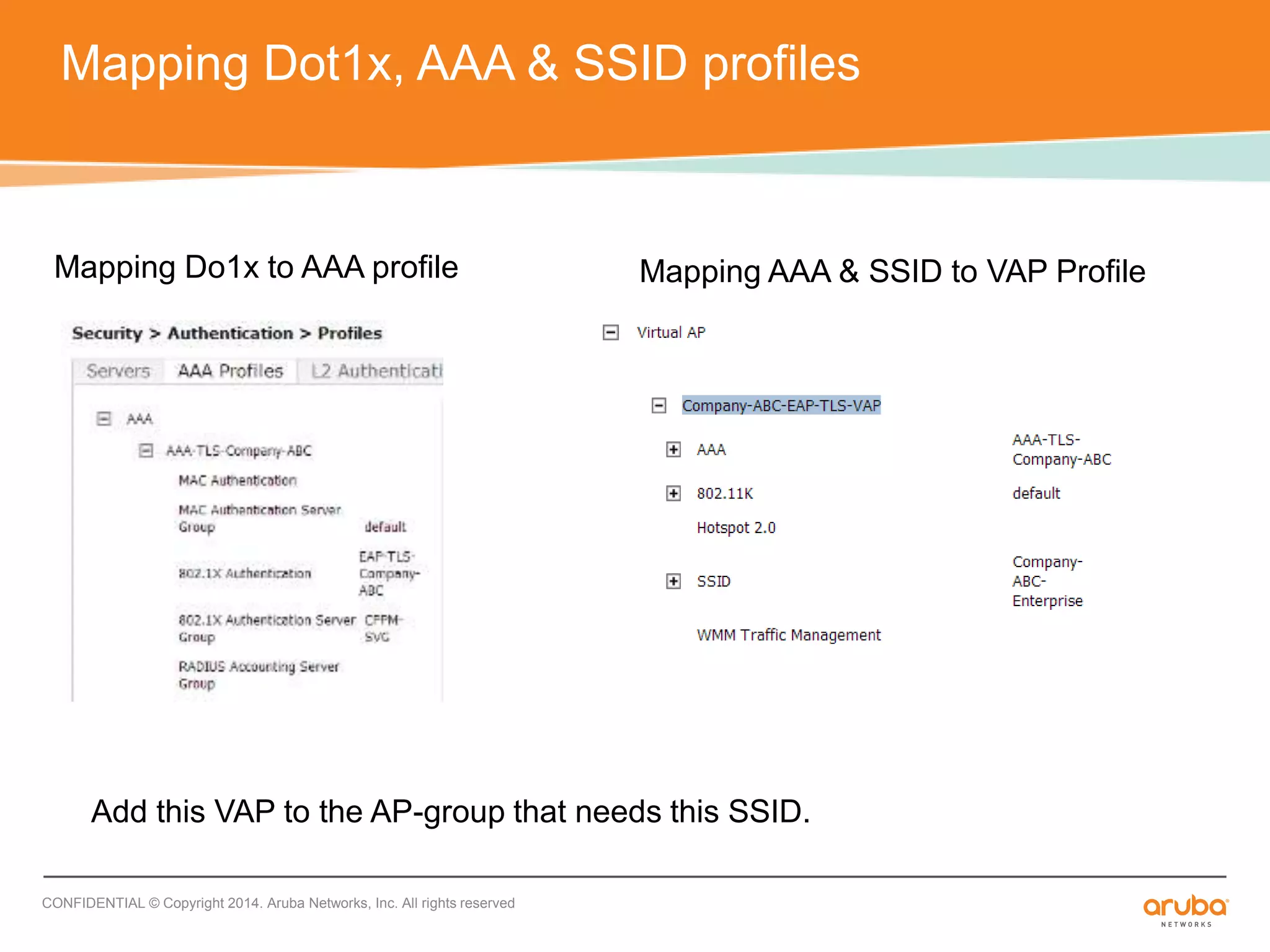 Mapping Dot1x, AAA & SSID profiles 
Mapping Do1x to AAA profile Mapping AAA & SSID to VAP Profile 
Add this VAP to the AP-group that needs this SSID. 
CONFIDENTIAL © Copyright 2014. Aruba Networks, Inc. All rights reserved 
 