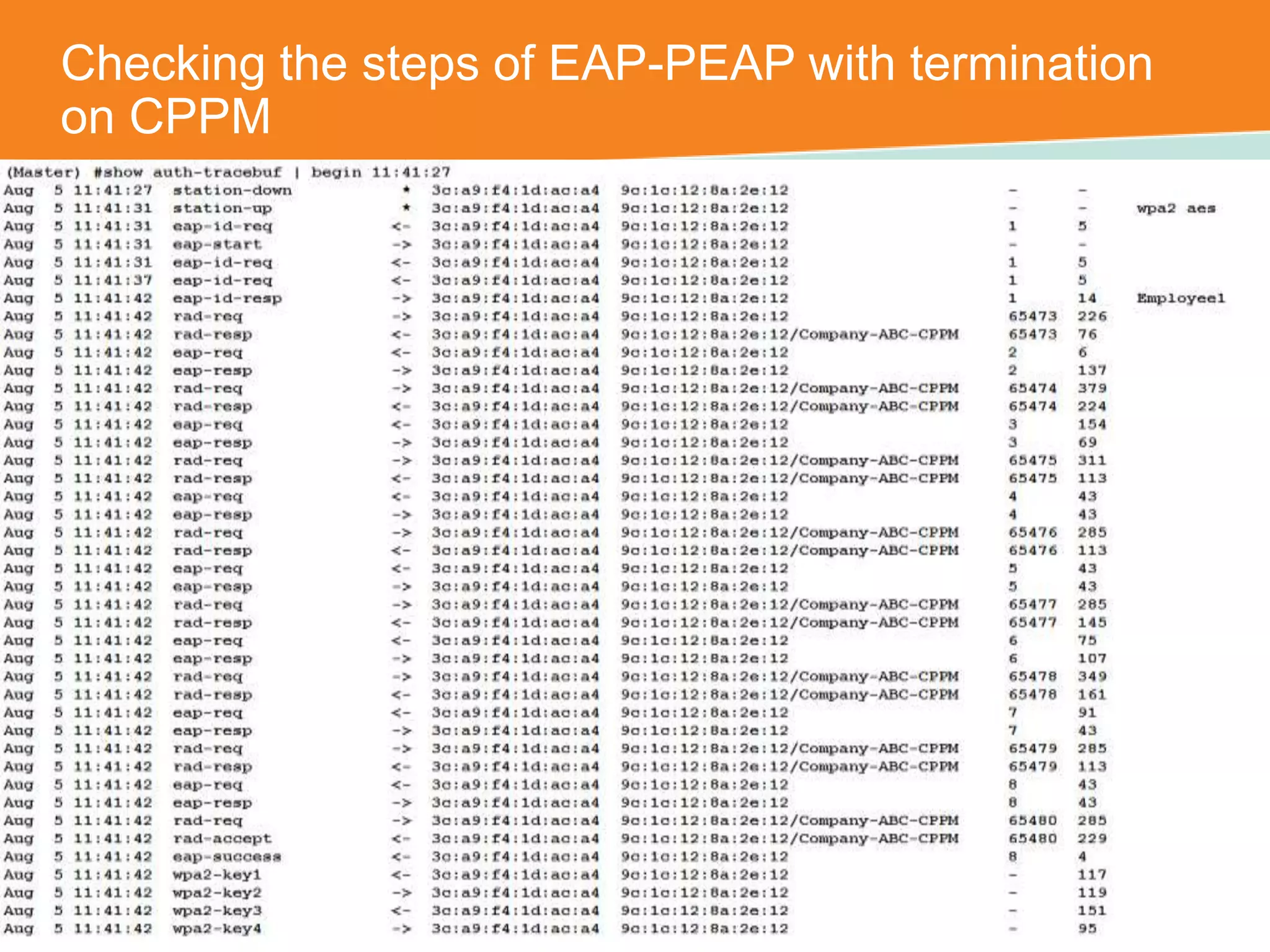 Checking the steps of EAP-PEAP with termination 
on CPPM 
CONFIDENTIAL © Copyright 2014. Aruba Networks, Inc. All rights reserved 
 
