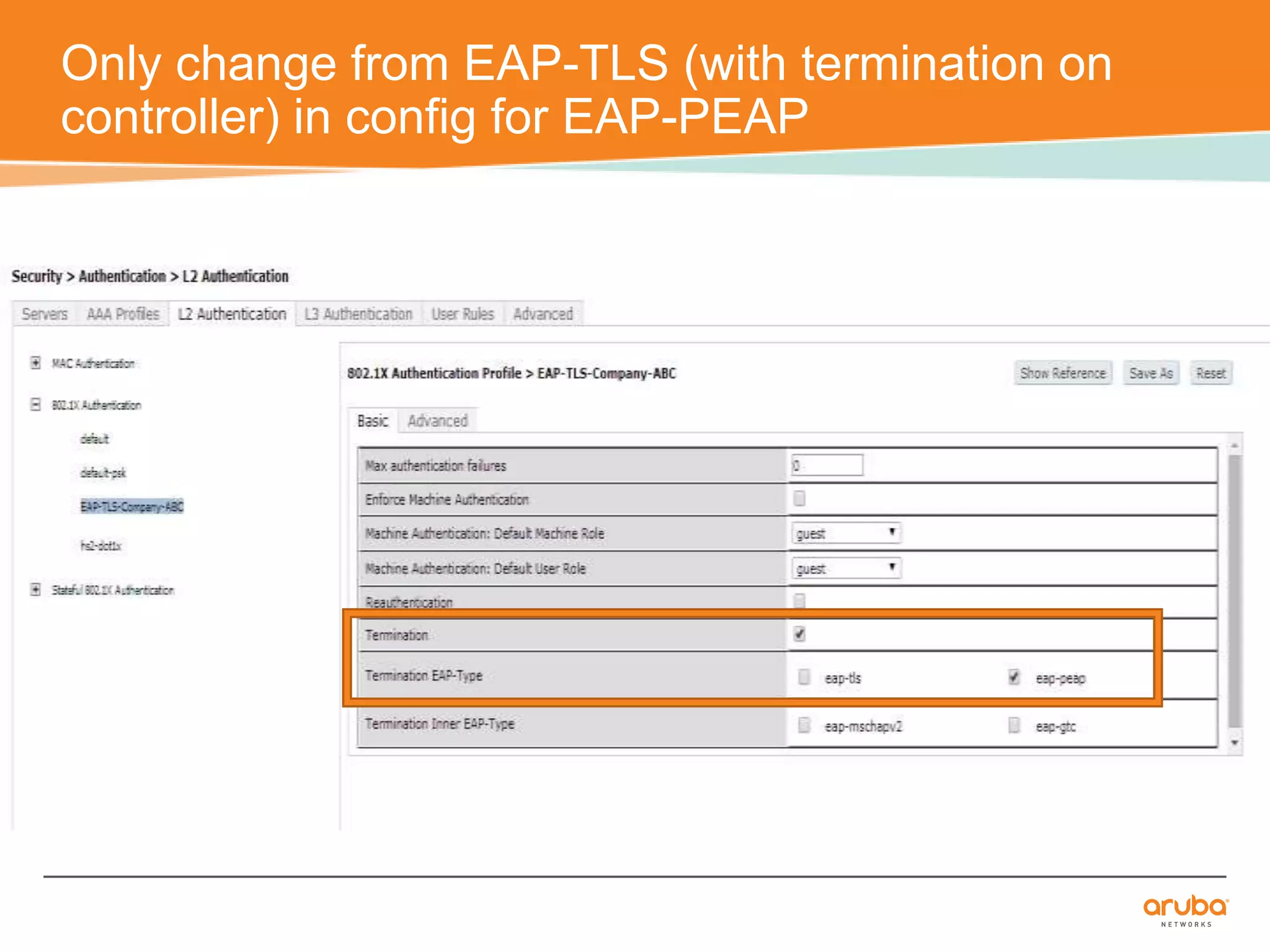 Only change from EAP-TLS (with termination on 
controller) in config for EAP-PEAP 
 