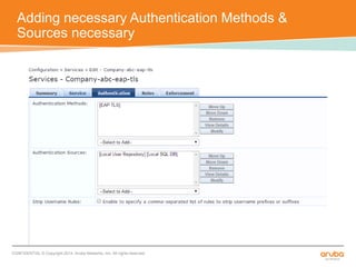 Adding necessary Authentication Methods & 
Sources necessary 
CONFIDENTIAL © Copyright 2014. Aruba Networks, Inc. All rights reserved 
 