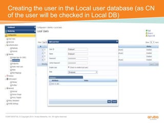 Creating the user in the Local user database (as CN 
of the user will be checked in Local DB) 
CONFIDENTIAL © Copyright 2014. Aruba Networks, Inc. All rights reserved 
 