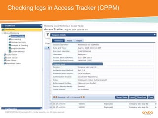 Checking logs in Access Tracker (CPPM) 
CONFIDENTIAL © Copyright 2014. Aruba Networks, Inc. All rights reserved 
 