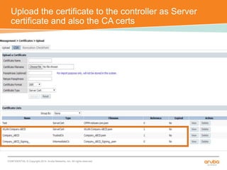 Upload the certificate to the controller as Server 
certificate and also the CA certs 
CONFIDENTIAL © Copyright 2014. Aruba Networks, Inc. All rights reserved 
 