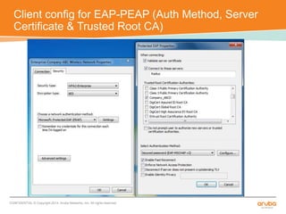 Client config for EAP-PEAP (Auth Method, Server 
Certificate & Trusted Root CA) 
CONFIDENTIAL © Copyright 2014. Aruba Networks, Inc. All rights reserved 
 