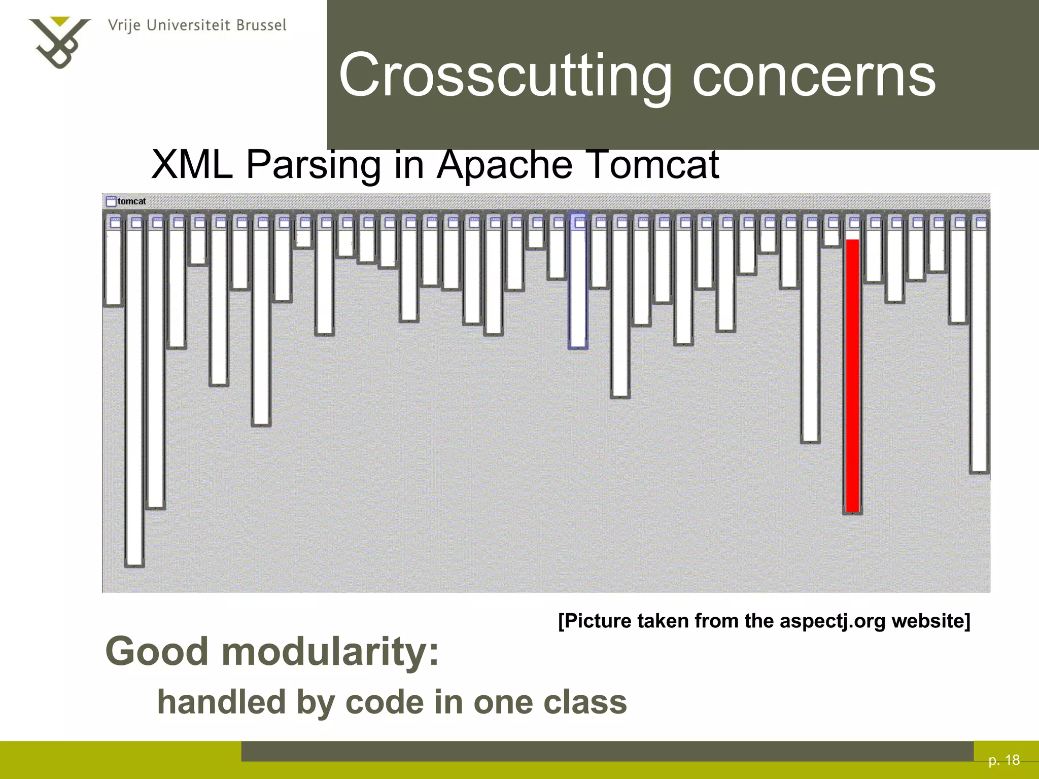 Crosscutting concerns Good modularity:  handled by code in one class p.  [Picture taken from the  aspectj.org website] XML Parsing in Apache Tomcat 