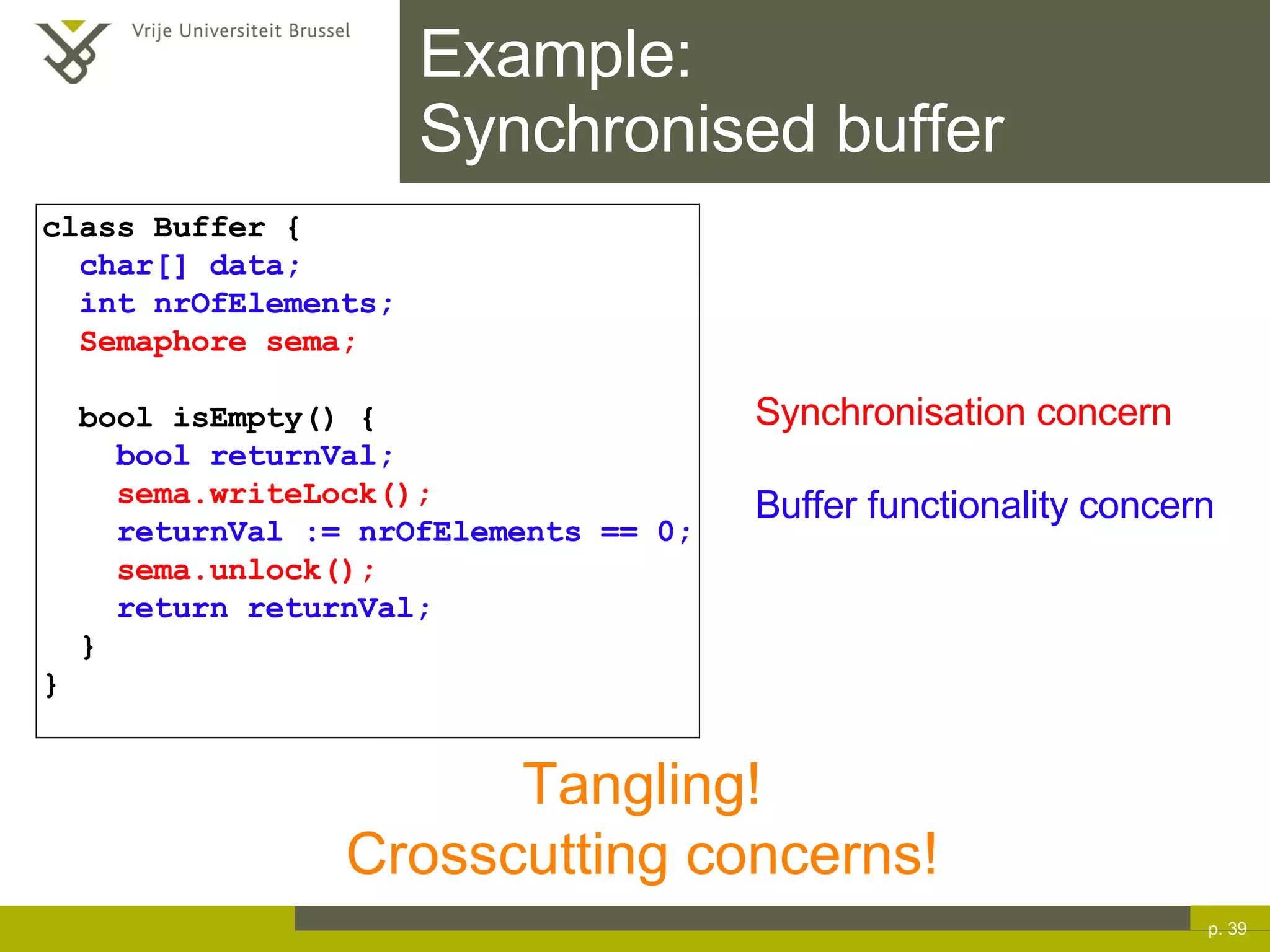 Example:  Synchronised buffer p.  Tangling! Crosscutting concerns! class Buffer { char[] data; int nrOfElements; Semaphore sema; bool isEmpty() { bool returnVal; sema.writeLock(); returnVal := nrOfElements == 0; sema.unlock(); return returnVal; } } Synchronisation concern Buffer functionality concern 