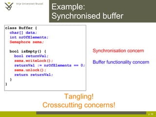 Example:  Synchronised buffer p.  Tangling! Crosscutting concerns! class Buffer { char[] data; int nrOfElements; Semaphore sema; bool isEmpty() { bool returnVal; sema.writeLock(); returnVal := nrOfElements == 0; sema.unlock(); return returnVal; } } Synchronisation concern Buffer functionality concern 