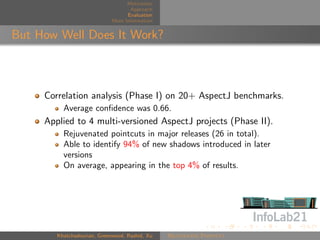 Motivation
                                    Approach
                                   Evaluation
                             More Information


But How Well Does It Work?



     Correlation analysis (Phase I) on 20+ AspectJ benchmarks.
          Average conﬁdence was 0.66.
     Applied to 4 multi-versioned AspectJ projects (Phase II).
          Rejuvenated pointcuts in major releases (26 in total).
          Able to identify 94% of new shadows introduced in later
          versions
          On average, appearing in the top 4% of results.




        Khatchadourian, Greenwood, Rashid, Xu   Rejuvenate Pointcut
 