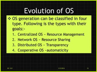 Evolution of OS
 OS generation can be classified in four
type. Following is the types with their
goals:1.
2.
3.
4.

BY: VJY

Centralized OS ~ Resource Management
Network OS ~ Resource Sharing
Distributed OS ~ Transparency
Cooperative OS ~automaticity

3/3/2014

13

 