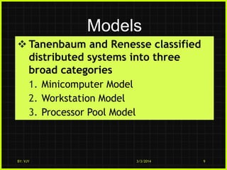 Models
 Tanenbaum and Renesse classified
distributed systems into three
broad categories
1. Minicomputer Model
2. Workstation Model
3. Processor Pool Model

BY: VJY

3/3/2014

9

 