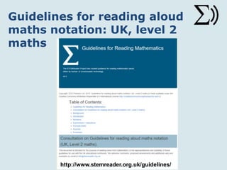 Guidelines for reading aloud
maths notation: UK, level 2
maths
http://www.stemreader.org.uk/guidelines/
 