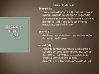 Elemento de liga:
• Enxofre (S):
• Forma sulfeto ferroso (FeS) - que faz o aço se
romper, tornando-se um agente fragilizador;
• Se combinado com manganês forma sulfeto de
manganês (MnS), que pode ser benéfico
melhorando a usinabilidade.
• Silício (Si):
• Auxilia na desoxidação e impede a formação
de bolhas nos lingotes;

• Níquel (Ni):
• Aumenta consideravelmente a resistência à
corrosão em aços baixo carbono (12-20% Ni);
• Com 36% de Ni (INVAR) tem-se coeficiente de
expansão térmica próximo de zero;

• Aumenta a resistência ao impacto (2-5% Ni).

 