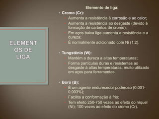 Elemento de liga:
• Cromo (Cr):
• Aumenta a resistência à corrosão e ao calor;
• Aumenta a resistência ao desgaste (devido à
formação de carbetos de cromo);
• Em aços baixa liga aumenta a resistência e a
dureza;
• É normalmente adicionado com Ni (1:2).
• Tungstênio (W):
• Mantém a dureza a altas temperaturas;
• Forma partículas duras e resistentes ao
desgaste à altas temperaturas, muito utilizado
em aços para ferramentas.
• Boro (B):
• É um agente endurecedor poderoso (0,0010,003%);
• Facilita a conformação à frio;
• Tem efeito 250-750 vezes ao efeito do níquel
(Ni); 100 vezes ao efeito do cromo (Cr).

 