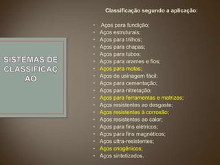 Classificação segundo a aplicação:

•
•
•
•
•
•
•
•
•
•
•
•
•
•
•
•
•
•
•

Aços para fundição;
Aços estruturais;
Aços para trilhos;
Aços para chapas;
Aços para tubos;
Aços para arames e fios;
Aços para molas;
Aços de usinagem fácil;
Aços para cementação;
Aços para nitretação;
Aços para ferramentas e matrizes;
Aços resistentes ao desgaste;
Aços resistentes à corrosão;
Aços resistentes ao calor;
Aços para fins elétricos;
Aços para fins magnéticos;
Aços ultra-resistentes;
Aços criogênicos;
Aços sintetizados.

 