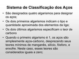 Sistema de Classificação dos Aços
• São designados quatro algarismos para designar
os aços;
• Os dois primeiros algarismos indicam o tipo e
quantidade aproximada dos elementos da liga;
• Os dois últimos algarismos especificam o teor de
carbono
• Quando o primeiro algarismo é 1, os aços são
simplesmente aços-carbono, desprezando seus
teores mínimos de manganês, silício, fósforo, e
enxofre. Neste caso, esses teores são
considerados iguais a zero;
 