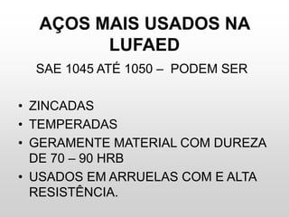 AÇOS MAIS USADOS NA
LUFAED
SAE 1045 ATÉ 1050 – PODEM SER
• ZINCADAS
• TEMPERADAS
• GERAMENTE MATERIAL COM DUREZA
DE 70 – 90 HRB
• USADOS EM ARRUELAS COM E ALTA
RESISTÊNCIA.
 