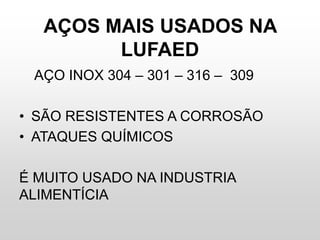 AÇOS MAIS USADOS NA
LUFAED
AÇO INOX 304 – 301 – 316 – 309
• SÃO RESISTENTES A CORROSÃO
• ATAQUES QUÍMICOS
É MUITO USADO NA INDUSTRIA
ALIMENTÍCIA
 