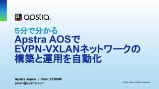 ５分で分かる
Apstra AOSで
EVPN-VXLANネットワークの
構築と運用を自動化
Apstra Japan | Date: 2020/06
japan@apstra.com © 2020 Apstra. All Rights Reserved.
 