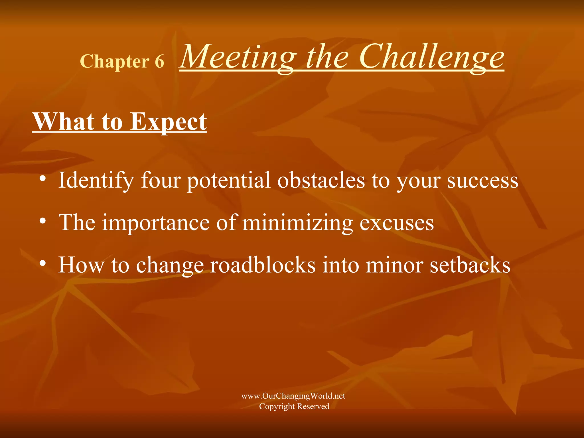 Chapter 6  Meeting the Challenge What to Expect Identify four potential obstacles to your success The importance of minimizing excuses How to change roadblocks into minor setbacks www.OurChangingWorld.net  Copyright Reserved 