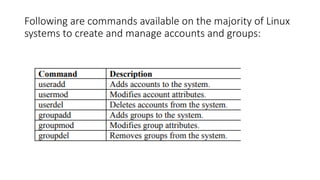 Following are commands available on the majority of Linux
systems to create and manage accounts and groups:
 