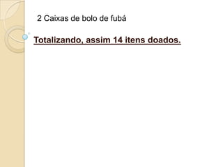 2 Caixas de bolo de fubá

Totalizando, assim 14 itens doados.

 