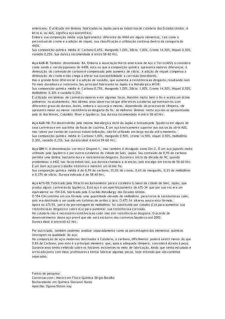 americano. É utilizado em lâminas fabricadas no Japão para as indústrias de cutelaria dos Estados Unidos. A
letra A, ou AUS, significa aço austenítico.
Embora sua composição média seja ligeiramente diferente do 440A em alguns elementos, tais como o
percentual de cromo e a adição de níquel, sua classificação e utilização continua dentro da categoria do
440A.
Sua composição química média é: Carbono 0,65%, Manganês 1,00%, Silício 1,00%, Cromo 14,50%, Níquel 0,50%,
vanádio 0,25%. Sua dureza recomendada é entre 58-60 Hrc.
Aço AUS-8: Também denominado 8A. Embora a Associação Norte-americana de Aço e Ferro (AISI) o considere
como sendo a versão japonesa do 440B, nota-se que a composição química apresenta maiores diferenças. A
diminuição do conteúdo de carbono é compensado pelo aumento de silício. A adição de níquel compensa a
diminuição do cromo e não chega a afetar sua susceptibilidade a corrosão (inoxidável).
Mas o grande fator diferencial é a adição de vanádio, que aumenta a resistência ao desgaste, resultando num
fio mais duradouro e resistente. Seu principal fabricante no Japão é a Metalúrgica AICHI.
Sua composição química média é: Carbono 0,75%, Manganês 1,00%, Silício 1,00%, Cromo 14,50%, Níquel 0,50%,
Molibdênio 0,30% e vanádio 0,25%.
É utilizado em lâminas de canivetes maiores e em algumas facas. Mantém muito bem o fio e aceita um ótimo
polimento no acabamento. Nos últimos anos observou-se que diferentes cutelarias apresentam-no com
diferentes graus de dureza. Assim, embora o aço seja o mesmo, dependendo do processo de têmpera, ele
apresenta maior ou menor resistência ao desgaste do fio. As melhores lâminas neste aço são as apresentadas
pela Al Mar Knives, Columbia River e Spyderco. Sua dureza recomendada é entre 58-60 Hrc.
Aço AUS-10: Foi desenvolvido pela mesma Metalúrgica Aichi do Japão e testado pela Spyderco em alguns de
seus canivetes e em sua linha de facas de cozinha. É um aço teoricamente superior aos outros da série AUS,
mas talvez por razões de custo ou industrialização, não foi utilizado em larga escala até o momento.
Sua composição química média é: Carbono 1,00%, manganês 0,50%, cromo 14,50%, níquel 0,50%, molibdênio
0,30%, vanádio 0,25%. Sua dureza ideal é entre 59-60 Hrc.
Aço GIN-1: A denominação correta é Gingami-1, mas também é divulgado como Gin-2. É um aço japonês muito
utilizado pela Spyderco e por outros cuteleiros da cidade de Seki, Japão. Seu conteúdo de 0,9% de carbono
permite uma lâmina bastante dura e resistente ao desgaste. Durante o inicio da década de 90, quando
predominou o 440C nas facas industriais, sua dureza chamava a atenção, pois era algo em torno de 58-60 Hrc.
É um bom aço para trabalho intensivo e mantém um ótimo fio.
Sua composição química média é de 0,9% de carbono, 15,5% de cromo, 0,6% de manganês, 0,3% de molibdênio
e 0,37% de silício. Dureza indicada é de 58-60 Hrc.
Aço ATS-55: Fabricado pela Hitachi exclusivamente para o cuteleiro G.Sakai da cidade de Seki, Japão, que
produz alguns canivetes da Spyderco. Este aço é um aperfeiçoamento do ATS-34 que por sua vez era um
equivalente ao 154-CM, fabricado pela Crucible Metallurgy dos Estados Unidos.
O 154-CM continha em sua fórmula uma quantidade elevada de molibdênio para torna-lo resistente ao calor,
pois era destinado a ser usado em turbinas de aviões à jato. O ATS-34 alterou pouco esta fórmula.
Agora no ATS-55, parte da porcentagem de molibdênio foi substituída por cobalto (Co) para aumentar sua
resistência ao desgaste e cobre (Cu) para aumentar sua resistência a corrosão.
Na cutelaria não é necessário resistência ao calor mas sim resistência ao desgaste. O acordo de
desenvolvimento deste aço prevê que ele será exclusivo dos canivetes Spyderco até 2002.
Dureza ideal é entre 60-62 Hrc.
Por outro lado, também podemos analisar separadamente como as porcentagens dos elementos químicos
interagem na qualidade do aço.
Na composição de aços modernos destinados à Cutelaria, o carbono, dificilmente poderá existir menos do que
0.6% de Carbono, pois este é o principal elemento que, após a adequada têmpera, concederá dureza à peça.
Durante anos tenho refletido sobre os folclores existentes no meio de fabricação. Ainda que tenha estudado e
arriscado junto com meus professores a tentar fabricar algumas peças, hoje entendo que são caminhos
separados.
Fontes de pesquisa:
Conversas com : Mestre em Físico-Química Sérgio Botelho
Bacharelando em Química Giovanni Nunes
Apostilas Ogawa Shizén kay
 