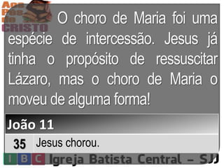 O choro de Maria foi uma
espécie de intercessão. Jesus já
tinha o propósito de ressuscitar
Lázaro, mas o choro de Maria o
moveu de alguma forma!
João 11
35 Jesus chorou.
 
