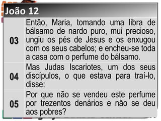 João 12
03
Então, Maria, tomando uma libra de
bálsamo de nardo puro, mui precioso,
ungiu os pés de Jesus e os enxugou
com os seus cabelos; e encheu-se toda
a casa com o perfume do bálsamo.
04
Mas Judas Iscariotes, um dos seus
discípulos, o que estava para traí-lo,
disse:
05
Por que não se vendeu este perfume
por trezentos denários e não se deu
aos pobres?
 