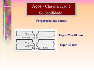 Aços - Classificação e
Soldabilidade
Preparação das Juntas
Esp.= 25 a 40 mm
Esp.> 40 mm
 