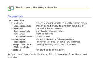 The front-end: the SSANode hierarchy                           7


StatementNode
StatementNode
  BranchNode            branch unconditionally to another basic block
    ConditionalNode     branch conditionally to another basic block
  EffectNode            decorator for ValueNode
    AssignmentNode      also holds def-use chains
    ReturnNode          method returns
      BlockReturnNode   block returns
  SequenceNode          groups instances of StatementNode
    BasicBlock          fundamental unit for data-ﬂow analyses
  SSASuperblockNode     used by inlining and code duplication
    SSAMethodNode
  VoidNode              for dead-code elimination

A ConditionalNode also holds the proﬁling information from the virtual
machine.
 