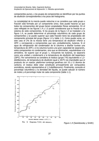 Universidad de Alicante. Dpto. Ingeniería Química
Ampliación de Operaciones de Separación. 1. Métodos aproximados
27
componentes puros), y los grupos de componentes se identifican por los puntos
de ebullición correspondientes a los picos del histograma.
La complejidad de la mezcla puede reducirse si se considera que cada grupo o
fracción está formado por un componente único. Esto puede hacerse ya que
todos los componentes del grupo tienen propiedades físicas semejantes. En el
caso reflejado en las figuras 1.4 y 1.5 puede considerarse que la mezcla es un
sistema de siete componentes. Si los grupos de la figura 1.5 se trasladan a la
figura 1.4, se puede determinar el porcentaje volumétrico de cada grupo de
componentes y se puede suponer que cada fracción tiene las propiedades del
componente principal del grupo (figura 1.4 y tabla 1.1). Como puede verse, en
este caso el 2% de la mezcla tiene una temperatura de ebullición inferior a
20ºC y corresponde a componentes que son, probablemente, butanos. Si el
agua de refrigeración del condensador de la columna a diseñar tuviese una
temperatura de 20ºC y si la columna tuviera una gran capacidad de separación,
estos componentes no condensarían, sino que se eliminarían, expulsándose a la
atmósfera. Se supone que el grupo 1, incluyendo los butanos, se separaría
como una unidad y condensaría a la temperatura de ebullición del isopentano
(28ºC). Por conveniencia se considera al residuo (grupo 7-R) equivalente a 1,3-
dietilbenceno, de temperatura de ebullición igual a 181ºC (es improbable que el
producto de un reactor platformer contenga parafinas con 10 y 11 átomos de
carbono; el residuo debe estar constituido principalmente por compuestos
aromáticos, siendo representativo el 1,3-dietilbenceno). Finalmente, conocido el
porcentaje volumétrico y la densidad del líquido, se puede calcular el número
de moles y el porcentaje molar de cada componente (tabla 1.1).
Figura 1.4 (Sawistowsky y Smith)
 