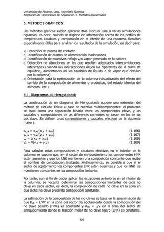 Universidad de Alicante. Dpto. Ingeniería Química
Ampliación de Operaciones de Separación. 1. Métodos aproximados
59
5. MÉTODOS GRÁFICOS
Los métodos gráficos suelen aplicarse tras efectuar una o varias simulaciones
rigurosas, es decir, cuando se dispone de información acerca de los perfiles de
temperatura, caudales y composición en el interior de una columna. Resultan
especialmente útiles para analizar los resultados de la simulación, es decir para:
a) Detección de puntos de contacto
b) Identificación de puntos de alimentación inadecuados
c) Identificación de excesivos reflujo y/o vapor generado en la caldera
d) Detección de situaciones en las que resulten adecuados intercambiadores
interetapas (cuando las intersecciones alejen las operativas de la curva de
equilibrio, aumentando así los caudales de líquido o de vapor que circulan
por la columna).
e) Orientación para la optimización de la columna (visualización del efecto del
cambio de la composición de alimentos o productos, del estado térmico del
alimento, etc.).
5.1. Diagramas de Hengstebeck
La construcción de un diagrama de Hengstebeck supone una extensión del
método de McCabe-Thiele al caso de mezclas multicomponentes: el problema
se trata como una separación binaria entre los componentes clave, y los
caudales y composiciones de las diferentes corrientes se basan en los de los
dos clave. Se definen unas composiciones y caudales efectivos de la siguiente
manera:
xe,LK = xLK/(xLK + xHK) (1.106)
ye,LK = yLK/(yLK + yHK) (1.107)
Le = L(xLK + xHK) (1.108)
Ve = V(yLK + yHK) (1.109)
Para calcular estas composiciones y caudales efectivos en el interior de la
columna se supone que, en el sector de enriquecimiento los componentes HNK
están ausentes y que los LNK mantienen una composición constante que recibe
el nombre de composición limitante. Análogamente, se considera que el el
sector de agotamiento los componentes LNK están ausentes y que los HNK se
mantienen constantes en su composición limitante.
Por tanto, con el fin de poder aplicar las ecuaciones anteriores en el interior de
la columna, se necesita determinar las composiciones limitantes de cada no
clave en cada sector, es decir, la composición de cada no clave en la zona en
que dicho no clave presenta composición constante.
La estimación de la composición de los no claves se basa en la aproximación de
que KLK = L’/V’ en la zona del sector de agotamiento donde la composición del
no clave pesado (HNK) es constante y KHK = L/V en la zona del sector de
enriquecimiento donde la fracción molar de no clave ligero (LNK) es constante.
 