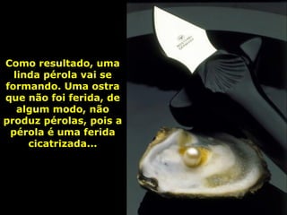Como resultado, uma linda pérola vai se formando. Uma ostra que não foi ferida, de algum modo, não produz pérolas, pois a pérola é uma ferida cicatrizada... 