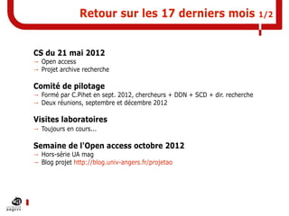 Retour sur les 17 derniers mois
CS du 21 mai 2012

→ Open access
→ Projet archive recherche

Comité de pilotage

→ Formé p...
