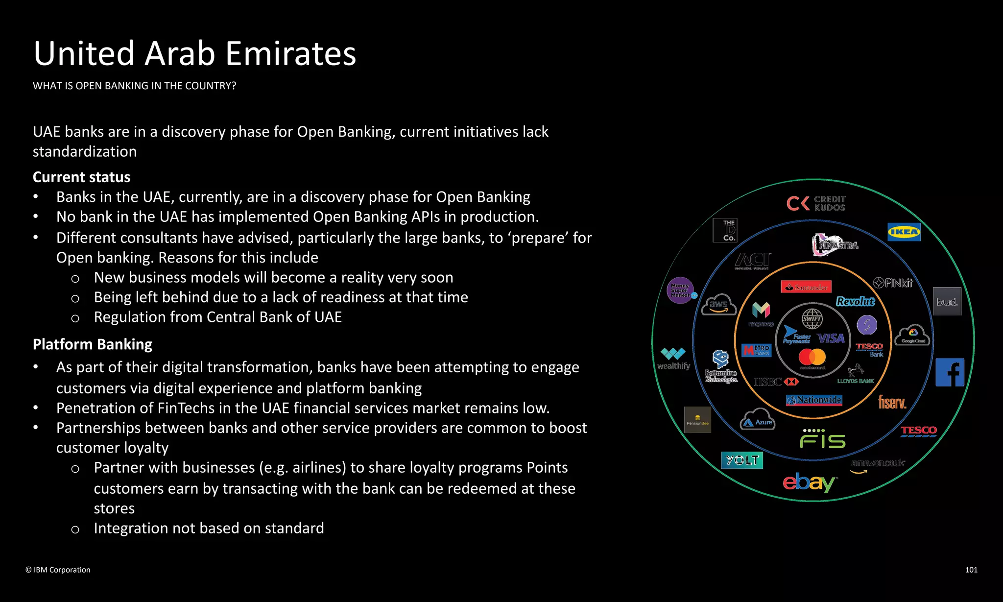 © IBM Corporation
United Arab Emirates
WHAT IS OPEN BANKING IN THE COUNTRY?
UAE banks are in a discovery phase for Open Banking, current initiatives lack
standardization
Current status
• Banks in the UAE, currently, are in a discovery phase for Open Banking
• No bank in the UAE has implemented Open Banking APIs in production.
• Different consultants have advised, particularly the large banks, to ‘prepare’ for
Open banking. Reasons for this include
o New business models will become a reality very soon
o Being left behind due to a lack of readiness at that time
o Regulation from Central Bank of UAE
Platform Banking
• As part of their digital transformation, banks have been attempting to engage
customers via digital experience and platform banking
• Penetration of FinTechs in the UAE financial services market remains low.
• Partnerships between banks and other service providers are common to boost
customer loyalty
o Partner with businesses (e.g. airlines) to share loyalty programs Points
customers earn by transacting with the bank can be redeemed at these
stores
o Integration not based on standard
101
 