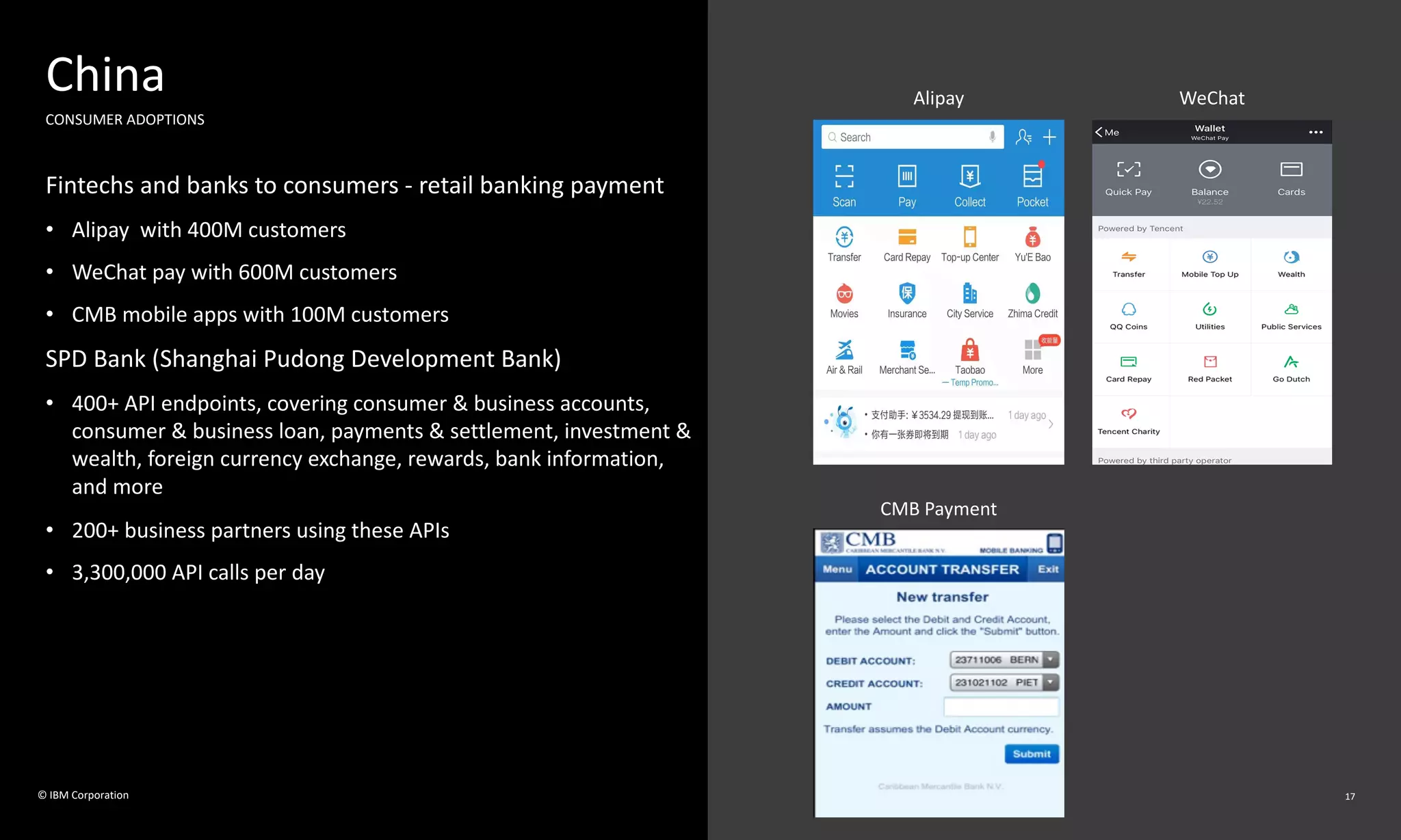 WeChat
China
CONSUMER ADOPTIONS
Fintechs and banks to consumers - retail banking payment
• Alipay with 400M customers
• WeChat pay with 600M customers
• CMB mobile apps with 100M customers
SPD Bank (Shanghai Pudong Development Bank)
• 400+ API endpoints, covering consumer & business accounts,
consumer & business loan, payments & settlement, investment &
wealth, foreign currency exchange, rewards, bank information,
and more
• 200+ business partners using these APIs
• 3,300,000 API calls per day
CMB Payment
Alipay
17© IBM Corporation
 