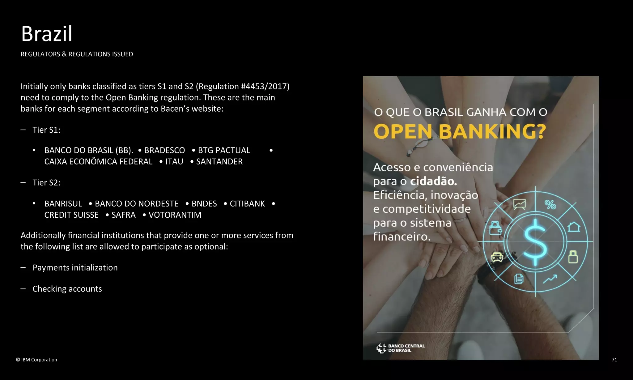 © IBM Corporation
Brazil
REGULATORS & REGULATIONS ISSUED
Initially only banks classified as tiers S1 and S2 (Regulation #4453/2017)
need to comply to the Open Banking regulation. These are the main
banks for each segment according to Bacen’s website:
– Tier S1:
• BANCO DO BRASIL (BB). • BRADESCO • BTG PACTUAL •
CAIXA ECONÔMICA FEDERAL • ITAU • SANTANDER
– Tier S2:
• BANRISUL • BANCO DO NORDESTE • BNDES • CITIBANK •
CREDIT SUISSE • SAFRA • VOTORANTIM
Additionally financial institutions that provide one or more services from
the following list are allowed to participate as optional:
– Payments initialization
– Checking accounts
71
 