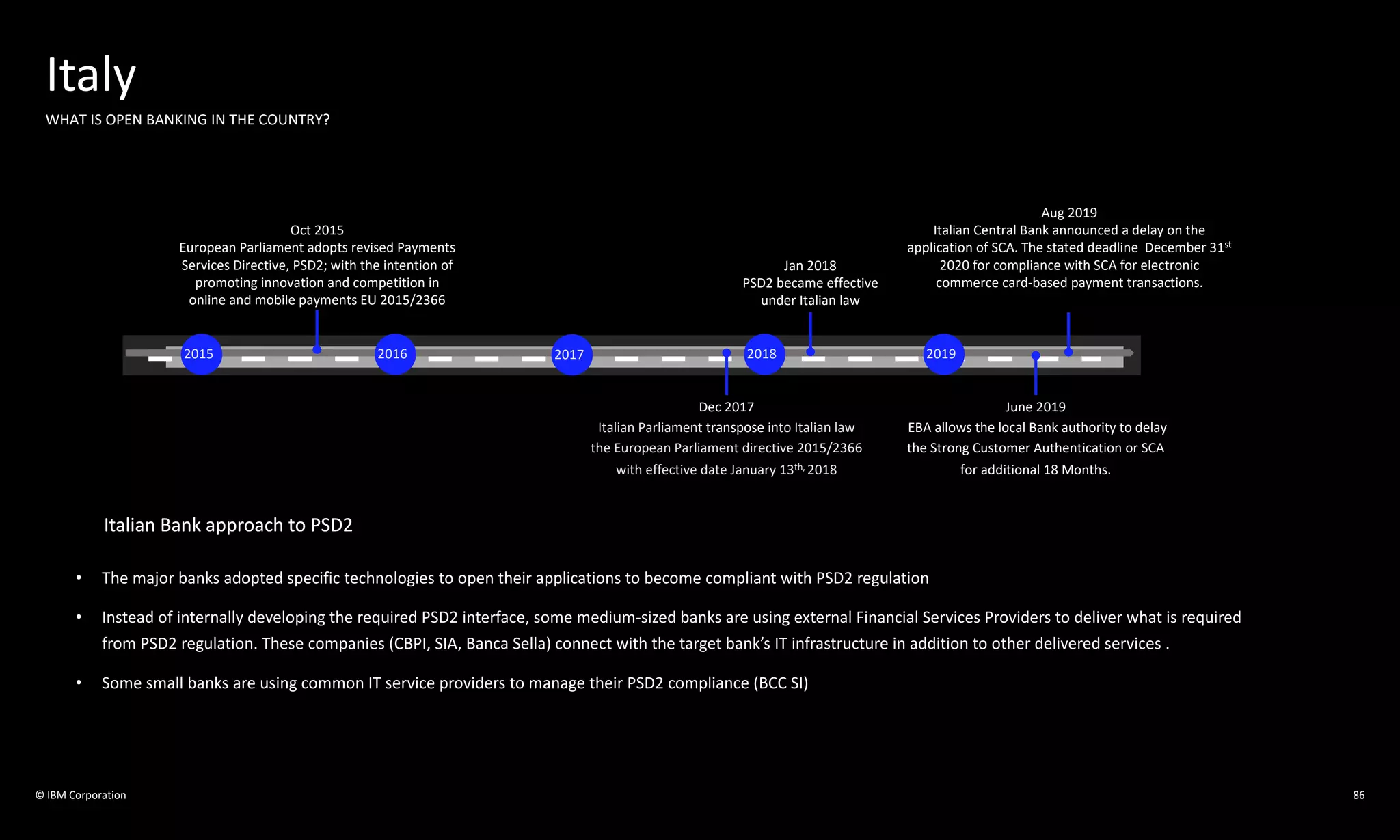 © IBM Corporation
Italy
WHAT IS OPEN BANKING IN THE COUNTRY?
Italian Bank approach to PSD2
2015 2016 2018 2019
Oct 2015
European Parliament adopts revised Payments
Services Directive, PSD2; with the intention of
promoting innovation and competition in
online and mobile payments EU 2015/2366
Dec 2017
Italian Parliament transpose into Italian law
the European Parliament directive 2015/2366
with effective date January 13th, 2018
Jan 2018
PSD2 became effective
under Italian law
June 2019
EBA allows the local Bank authority to delay
the Strong Customer Authentication or SCA
for additional 18 Months.
2017
Aug 2019
Italian Central Bank announced a delay on the
application of SCA. The stated deadline December 31st
2020 for compliance with SCA for electronic
commerce card-based payment transactions.
Italian Bank approach to PSD2
• The major banks adopted specific technologies to open their applications to become compliant with PSD2 regulation
• Instead of internally developing the required PSD2 interface, some medium-sized banks are using external Financial Services Providers to deliver what is required
from PSD2 regulation. These companies (CBPI, SIA, Banca Sella) connect with the target bank’s IT infrastructure in addition to other delivered services .
• Some small banks are using common IT service providers to manage their PSD2 compliance (BCC SI)
86
 