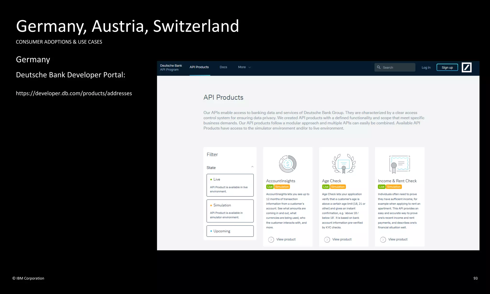 © IBM Corporation
Germany, Austria, Switzerland
CONSUMER ADOPTIONS & USE CASES
Deutsche Bank Developer Portal:
https://developer.db.com/products/addresses
Germany
93
 