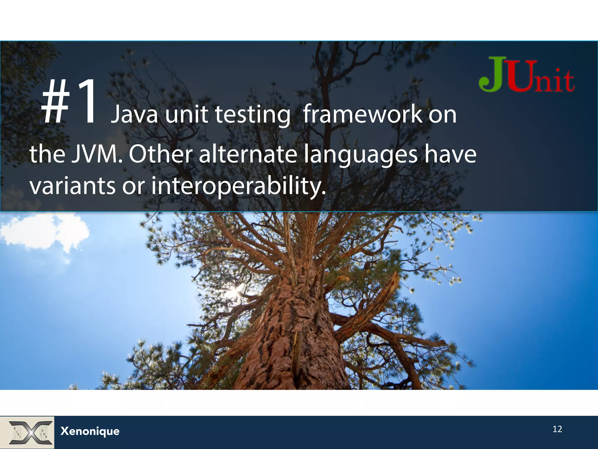 Xenonique 12 #1 Java unit testing framework on the JVM. Other alternate languages have variants or interoperability. 