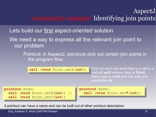 AOP Definitions Obliviousness + Quantification (2) AOP is thus the desire to make programming statements of the form  In programs P, whenever condition C arises, perform action A  Quantification. What kinds of conditions can we specify? 