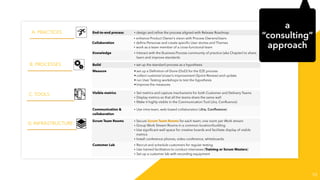 10
End-to-end process • design and refine the process aligned with Release Roadmap
Collaboration
• enhance Product Owner’s vision with Process Owners/Users
• define Personae and create specific User stories and Themes
• work as a team member of a cross-functional team
Knowledge • Interact with the Business Process community of practice (aka Chapter) to share,
learn and improve standards
Build • set up the standard process as a hypothesis
Measure • set up a Definition-of-Done (DoD) for the E2E process
• collect customer’s/user’s improvement (Sprint Review) and update
• run User Testing workshops to test the hypothesis
• Improve the measures
Visible metrics • Set metrics and capture mechanisms for both Customer and Delivery Teams
• Display metrics so that all the teams share the same wall
• Make it highly visible in the Communication Tool (Jira, Confluence)
Communication &
collaboration
• Use intra-team, web-based collaboration (Jira, Confluence)
Scrum Team Rooms • Secure Scrum Team Rooms for each team; one room per Work stream
• Group Work Stream Rooms in a common location/building
• Use significant wall-space for creative boards and facilitate display of visible
metrics
• Install conference phones, video conference, whiteboards
Customer Lab • Recruit and schedule customers for regular testing
• Use trained facilitators to conduct interviews (Training or Scrum Masters)
• Set up a customer lab with recording equipment
A. PRACTICES
B. PROCESSES
C. TOOLS
D. INFRASTRUCTURE
a
“consulting”
approach
 