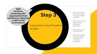 step 3
45
structure as safe-to-fail boundary
organisation plays the game
of agile
Step 3
light
structure
protecting the
organization from
turbulences allowing
a safe-to-fail
environment
• Company is working
like a venture capital
managing a portfolio
of ventures
• Product Owners of the
organisation are
behaving like
intrapreneurs
• Projects or Programs
are Proﬁt Centres
• Core structure activity
is funding, portfolio
management and
commodity
management.
 
