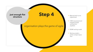 structure as safe-to-fail boundary
step 4
46
organisation plays the game of agile
Step 4just enough ﬂat
structure
• Maturity level is as its
highest level
• 100% empowered and
engaged people
working from
anywhere
• ROWE working model
• Working model is
similar as Open Space
Tech
 