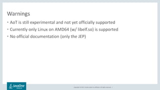 Copyright © 2017, Oracle and/or its affiliates. All rights reserved. |
Warnings
• AoT is still experimental and not yet officially supported
• Currently only Linux on AMD64 (w/ libelf.so) is supported
• No official documentation (only the JEP)
 