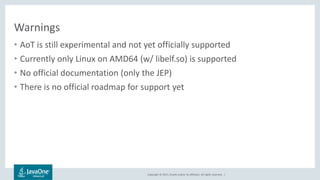 Copyright © 2017, Oracle and/or its affiliates. All rights reserved. |
Warnings
• AoT is still experimental and not yet officially supported
• Currently only Linux on AMD64 (w/ libelf.so) is supported
• No official documentation (only the JEP)
• There is no official roadmap for support yet
 