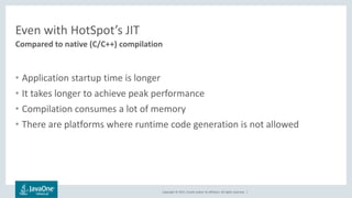 Copyright © 2017, Oracle and/or its affiliates. All rights reserved. |
Even with HotSpot’s JIT
• Application startup time is longer
• It takes longer to achieve peak performance
• Compilation consumes a lot of memory
• There are platforms where runtime code generation is not allowed
Compared to native (C/C++) compilation
 