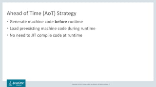 Copyright © 2017, Oracle and/or its affiliates. All rights reserved. |
Ahead of Time (AoT) Strategy
• Generate machine code before runtime
• Load preexisting machine code during runtime
• No need to JIT compile code at runtime
 