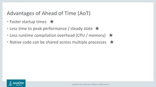 Copyright © 2017, Oracle and/or its affiliates. All rights reserved. |
Advantages of Ahead of Time (AoT)
• Faster startup times ★
• Less time to peak performance / steady state ★
• Less runtime compilation overhead (CPU / memory) ★
• Native code can be shared across multiple processes ★
 